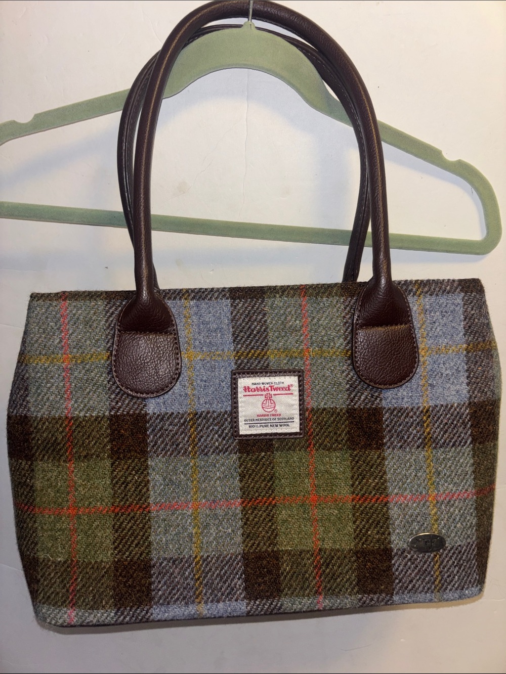 HARRIS TWEED BY GLEN APPIN OF SCOTLAND GREEN BROWN PLAID WOOL TWEED FAUX LEATHER